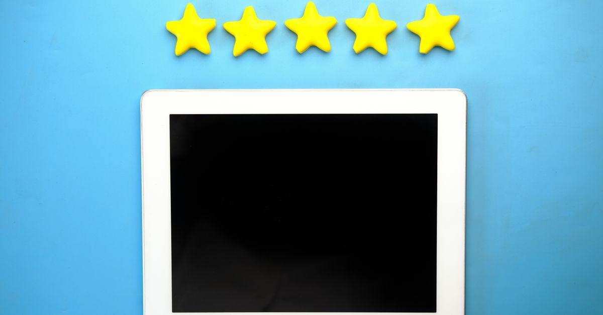 Five yellow star icons above a blank tablet screen, symbolising a top customer rating